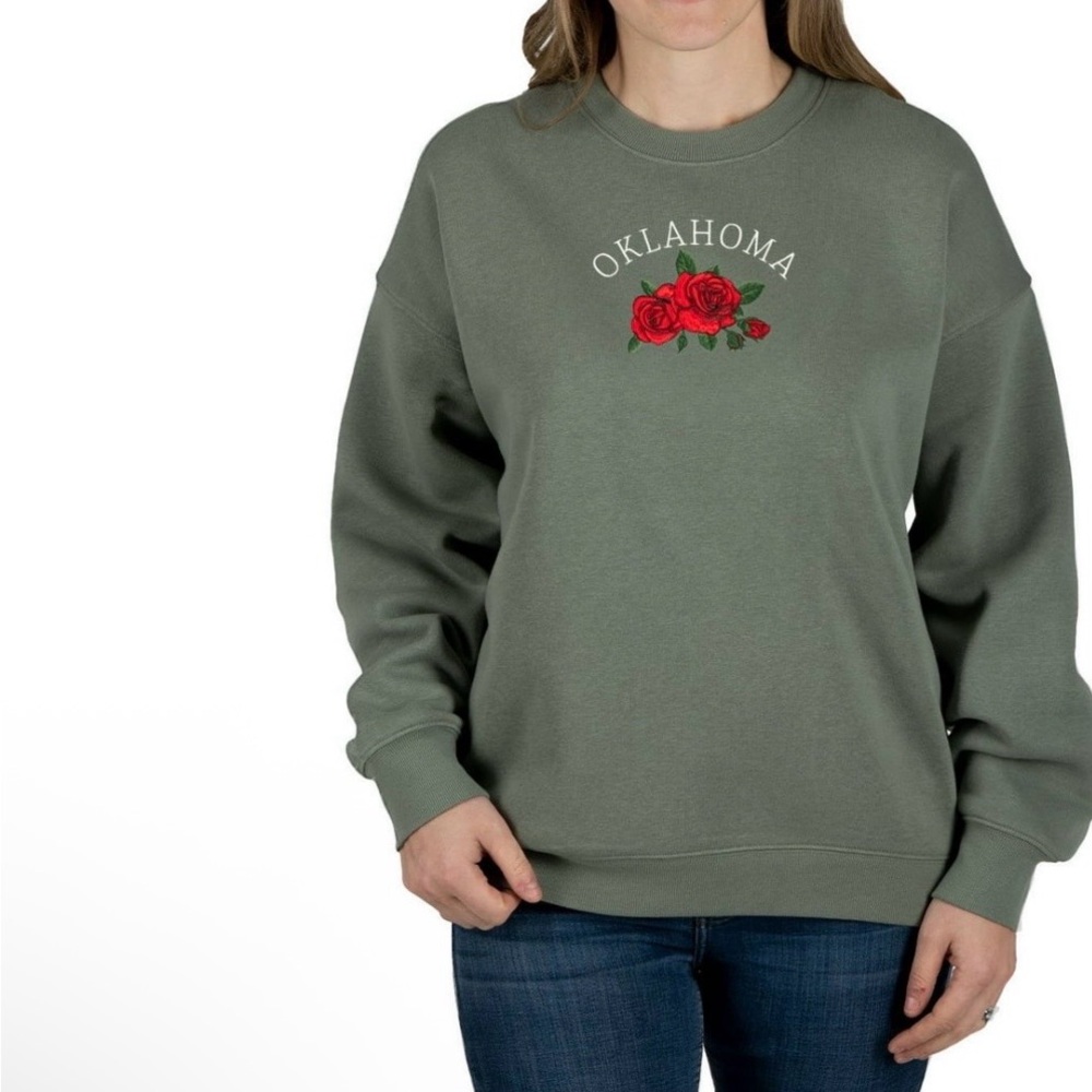 STATE OF MINE Green Oklahoma Sweatshirt with Red Rose Embroidery